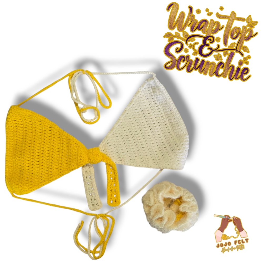 Yellow/White Handmade Crochet Wrap Top/Ruffle Scrunchie Set, Large-XL